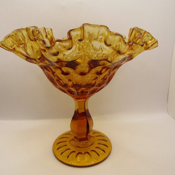 Fenton Round Compote Thumbprint Colonial Amber Ruffled Edge - Picture 1 of 12